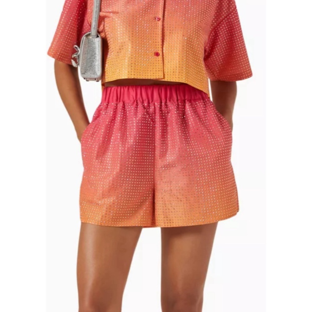 SELF-PORTRAIT Rhinestone Taffeta Ombré Shorts Pink / Orange Size 10